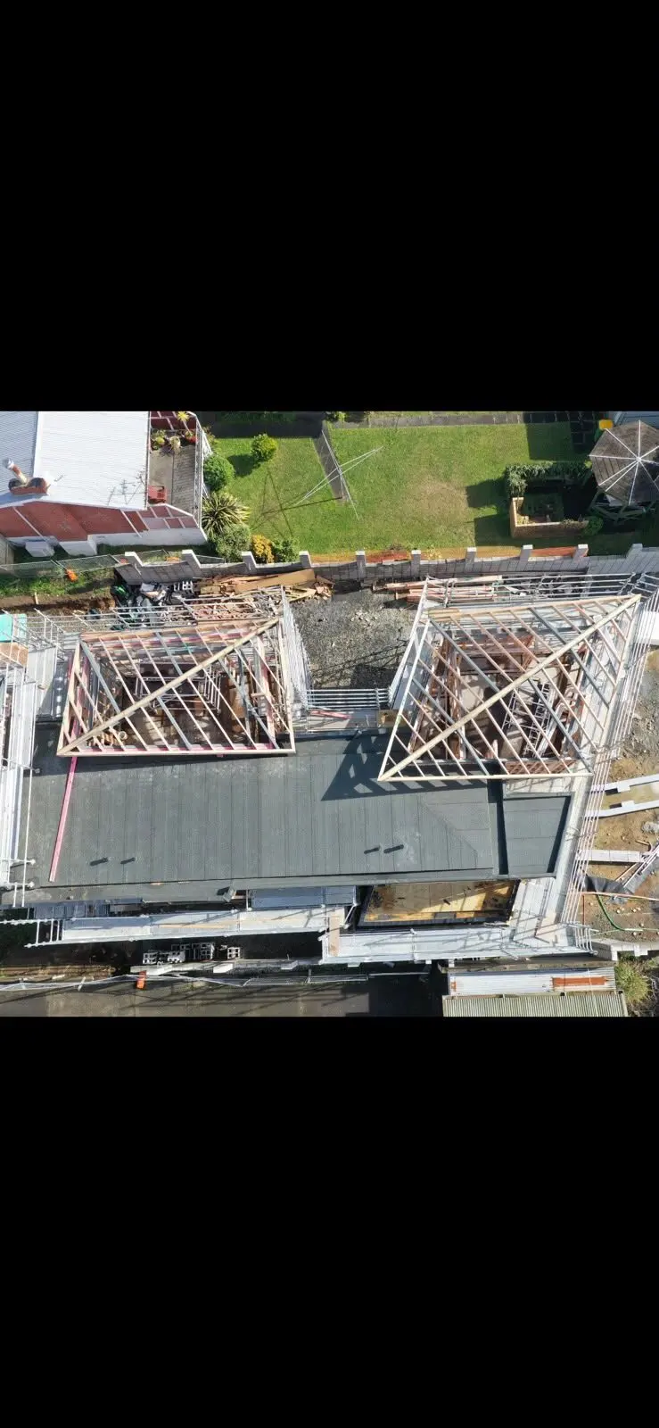 Aerial view of roof framing on an Auckland new build