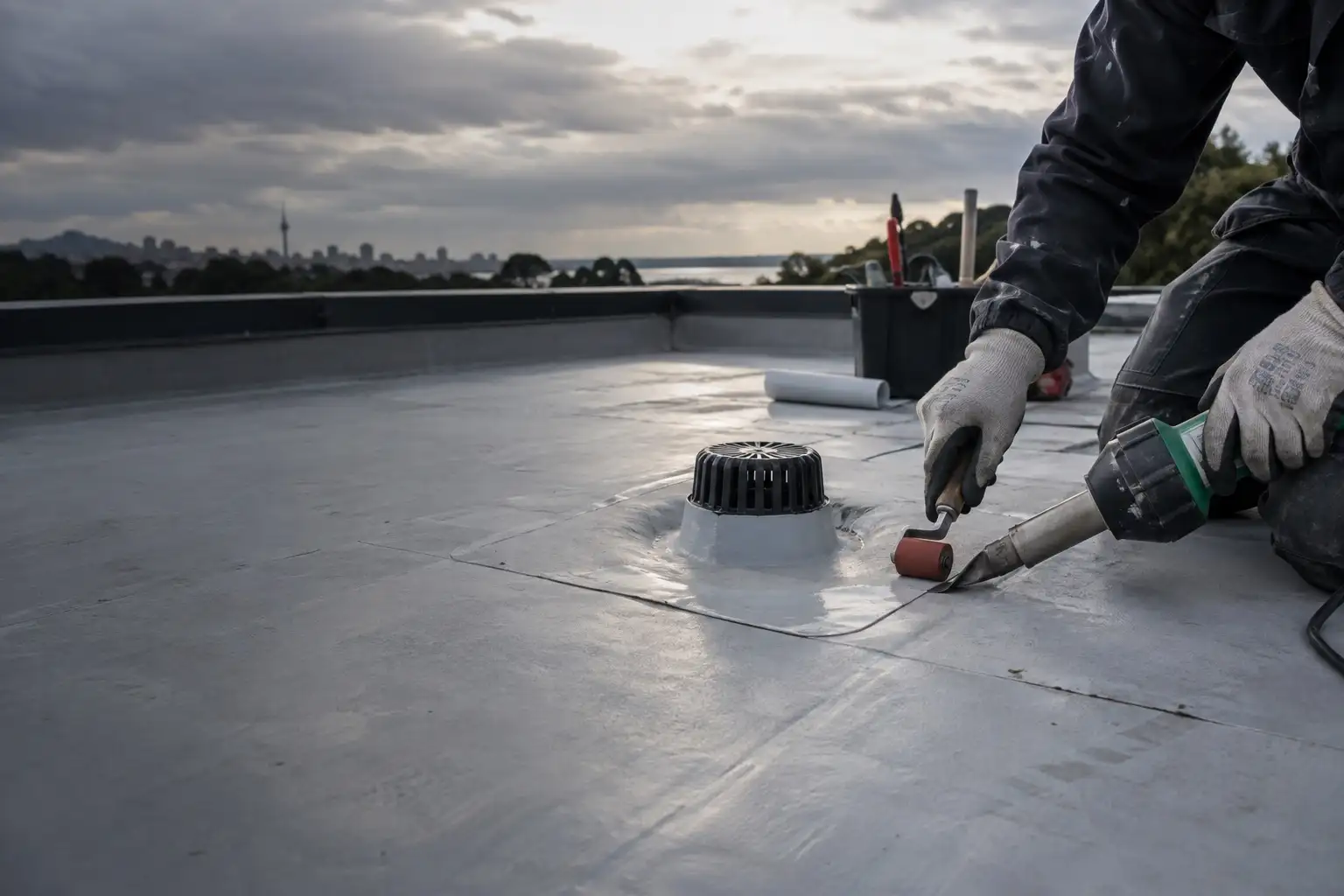 Specialist hot-air welding a membrane repair beside a roof outlet