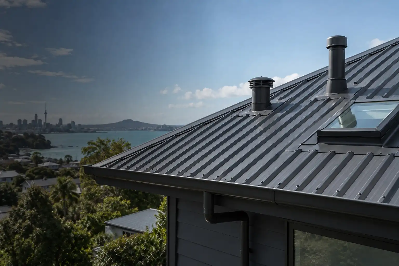 Roof vents, penetration flashings and skylight fitted to a metal roof