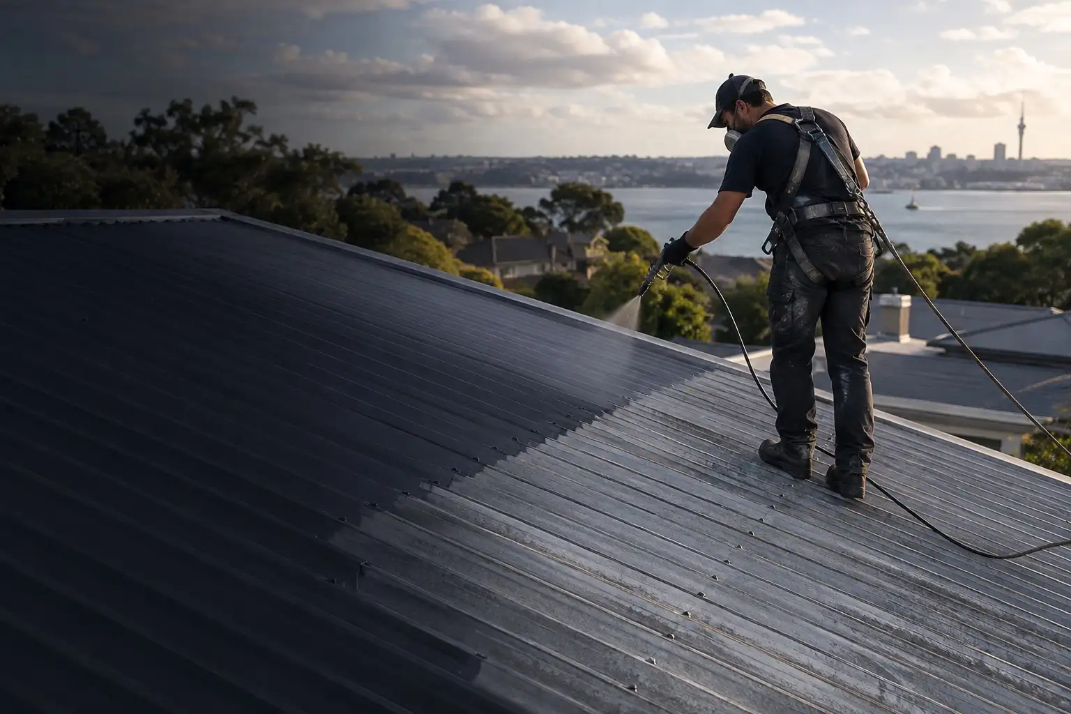 Roofer spray applying a charcoal protective coating to a metal roof