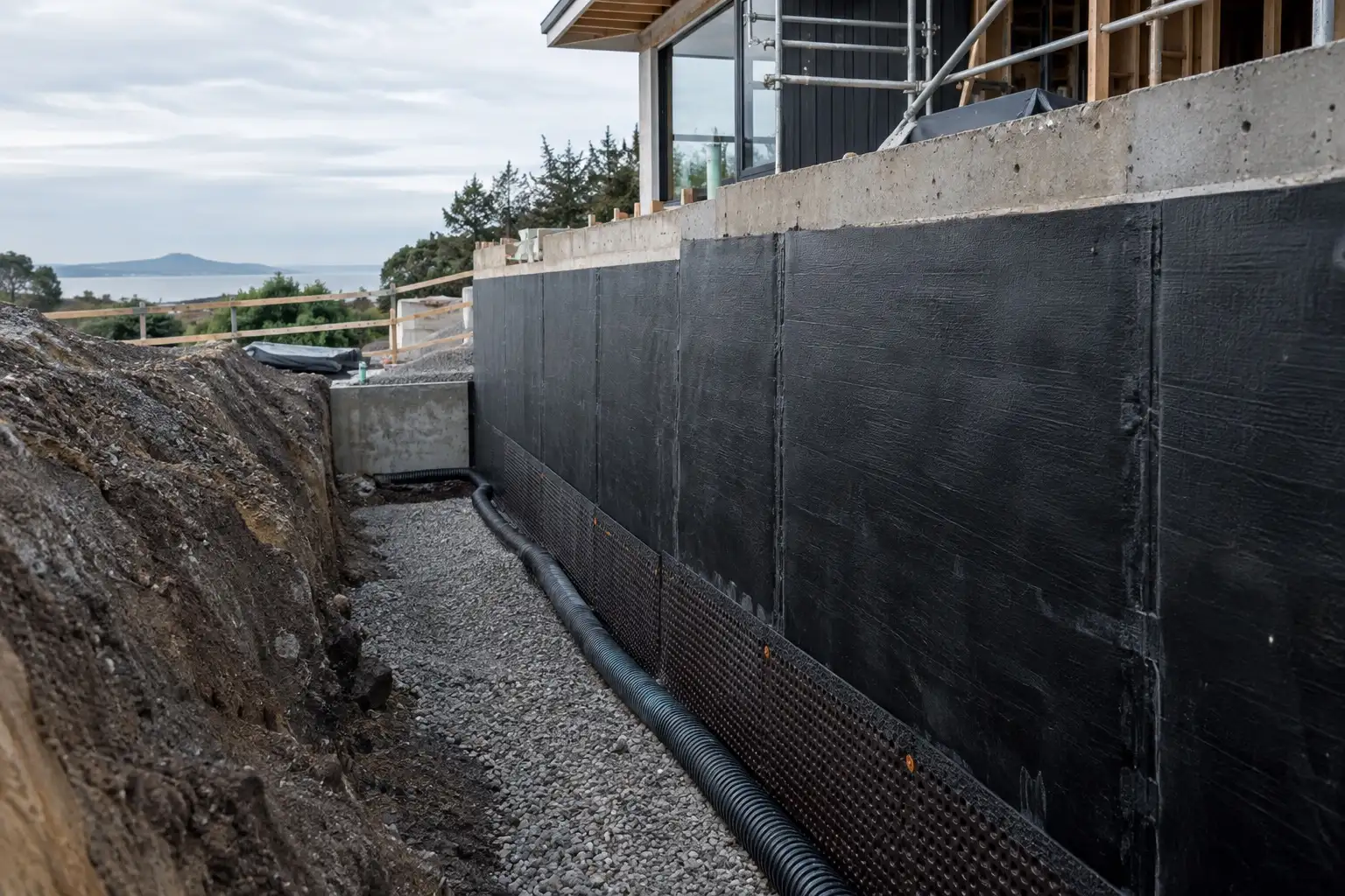 Below-ground waterproofing membrane and drainage installed on an Auckland foundation