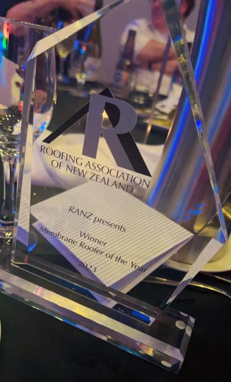RANZ Membrane Roofer of the Year 2023 glass trophy