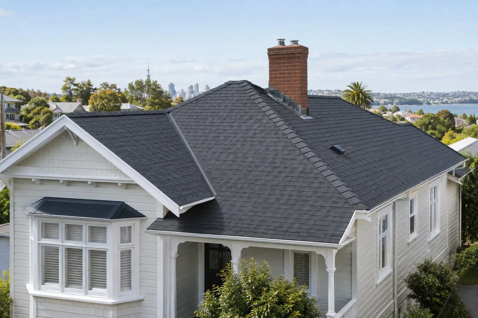 Completed charcoal asphalt shingle roof on an Auckland home