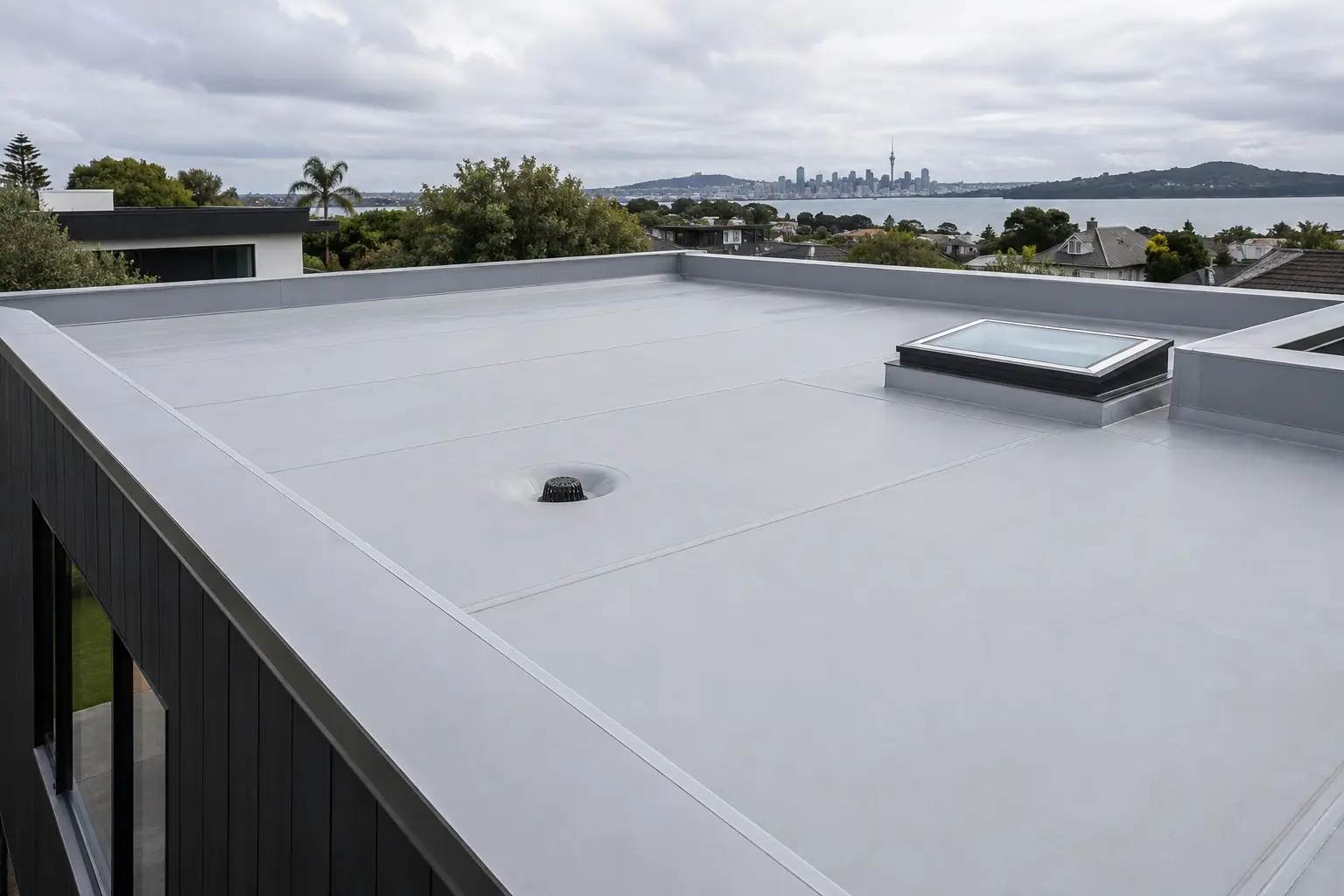 Completed light grey TPO membrane roof on an Auckland home