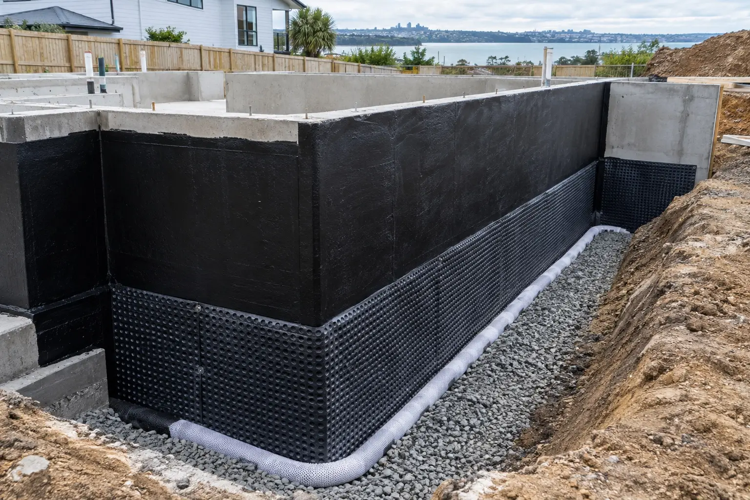 Below-ground waterproofing membrane applied to a concrete foundation